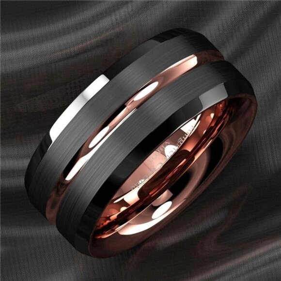 Men's Black Brushed Rose Gold Wedding Band Ring - Men's Wedding Rings - Picture 2 of 9